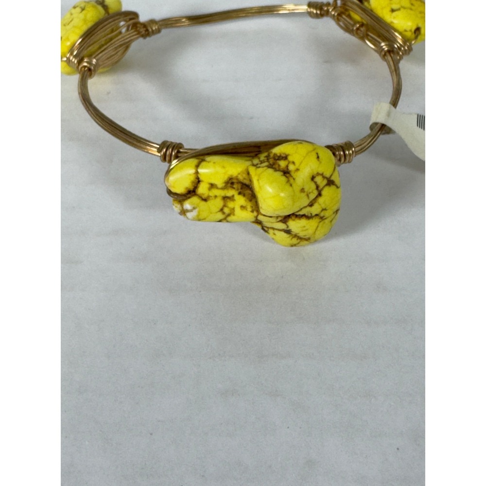 Gold Tone Wire Wrapped Bangle Bracelet with Yellow Turquoise Stone Beads - Picture 2 of 5